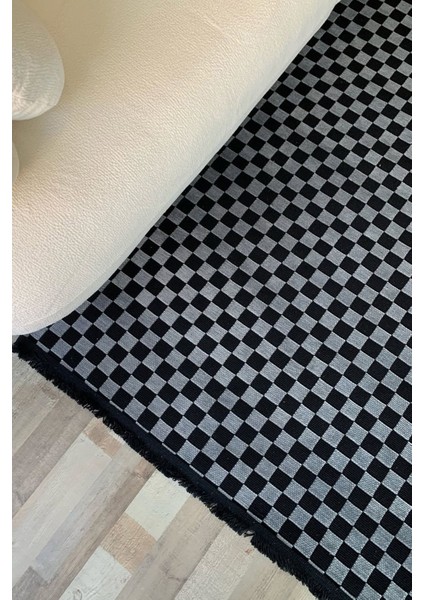 Dama Desenli Antrasit Salon Halısı Mutfak Halısı Yolluk Otantik Halı