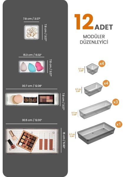 12'li Modüler Takı ve Makyaj Organizer, Siyah, 10x15 cm, Plastik, Çok Amaçlı Düzenleyici