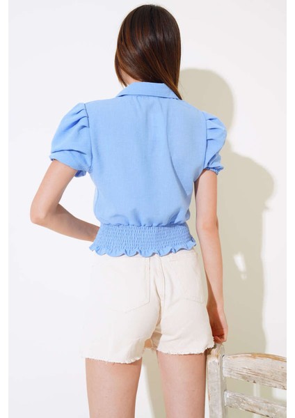 Kadın Yazlık Mavi Çiçek Nakışlı Keten Gömlek Bluz 2D-2316 fırsatları