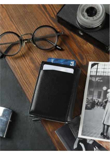 Siyah Bozuk Para Bölmeli Fermuarlı Deri Mekanizmalı Kartlık Cüzdan