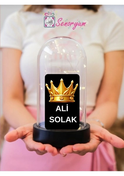 Kişiye Özel Isimli Kral Taçlı Hediyelik Işıklı Fanus