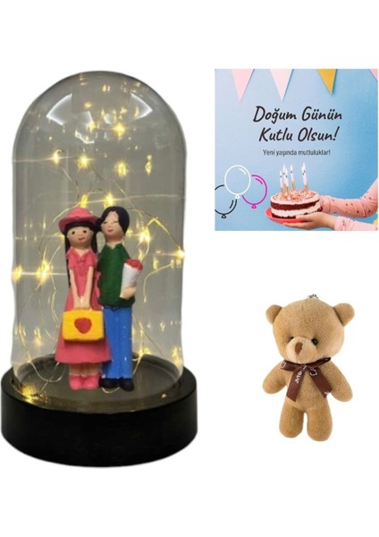 Sevgiliye Doğum Günü Hediyesi Sevgili Işıklı Fanus ve Mini Ayıcık