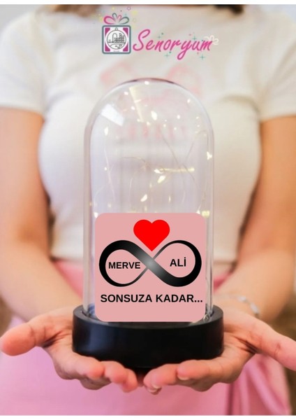 Sevgiliye Hediye Kişiye Özel Isimli Sonsuzluk Işareti Işıklı Fanus