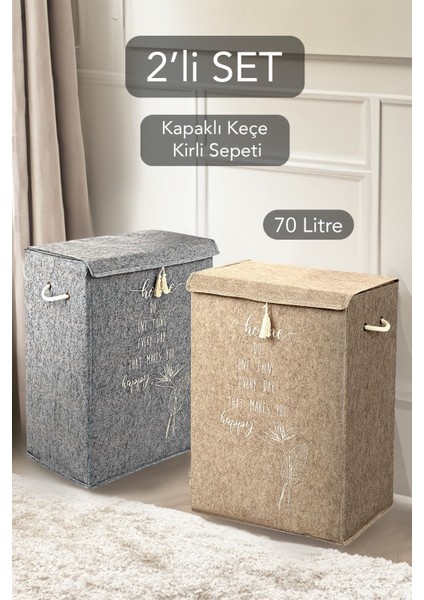 İki Parça Keçe Kapaklı Çok Amaçlı Çamaşır Sepeti 55x41x30 cm Gri