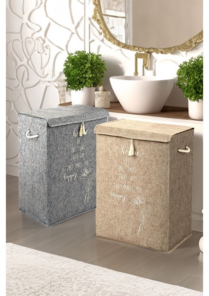 İki Parça Keçe Kapaklı Çok Amaçlı Çamaşır Sepeti 55x41x30 cm Gri fiyatları