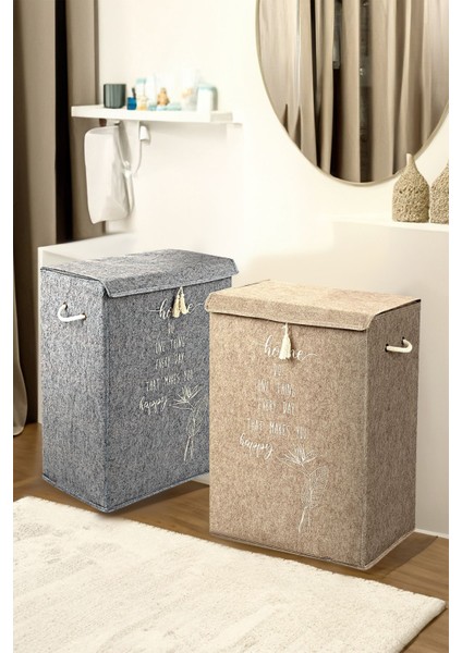 İki Parça Keçe Kapaklı Çok Amaçlı Çamaşır Sepeti 55x41x30 cm Gri modelleri