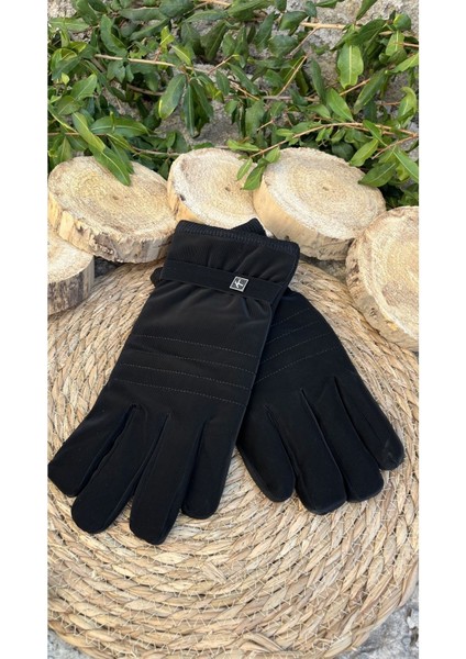 Kadife polar dokunmatik erkek eldiven, şık ve rahat kullanım, siyah renk, polyester dokuma