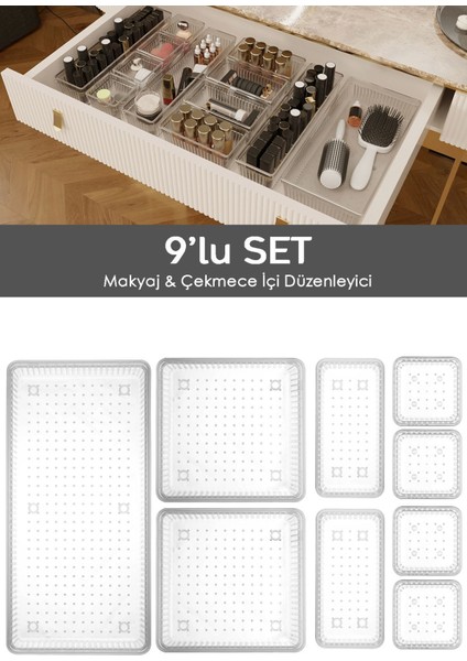 9'lu Çok Amaçlı Çekmece Organizer, Şeffaf, 30x10 cm