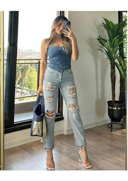 Açık Mavi Yırtık Paçası Kıvrık Jean Pantolon Yeni Sezon