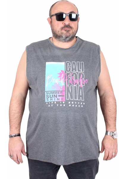 Büyük Beden Baskılı Kolsuz Tişört Beach Paradise 25151 Grı Melanj