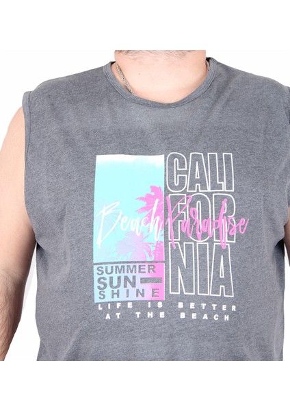 Büyük Beden Baskılı Kolsuz Tişört Beach Paradise 25151 Grı Melanj fiyatları