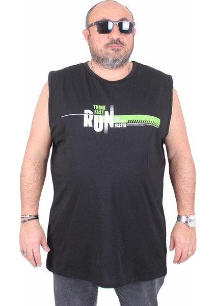 Büyük Beden Baskılı Kolsuz Tişört Think Fast Run 25152 Sıyah