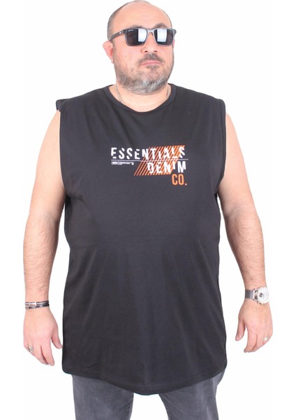 Büyük Beden Baskılı Kolsuz Tişört Denim 25154 Sıyah