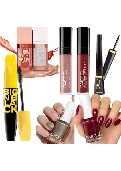 Likit Mat Ruj 31-36 + Oje 407-400 + Big Maskara + Dinamik Dipliner + Highlighter 72 +Liquid Blush 57