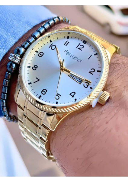 Gold Takvimli Klasik Rakamlı Çelik Erkek Kol Saati+Bileklik modelleri