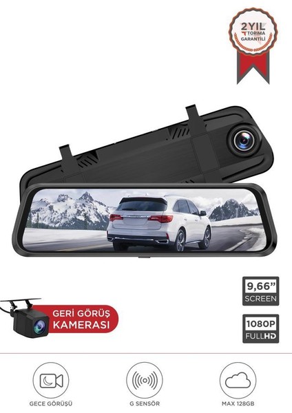 V7AHD Siyah 1080P Araç Içi 9.6inç Dokunmatik Dikiz Ayna Gece Görüşü Ön ve Arka Araç Kamerası