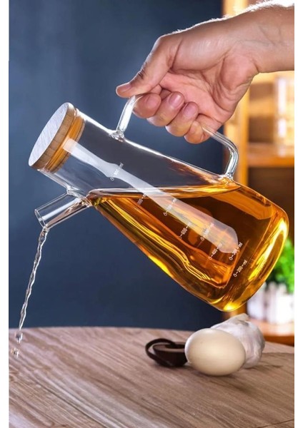 900 ml Bambu Kapaklı Cam Yağdanlık Borosilikat Sızdırmaz Yağlık Sirkelik Yağ Şişesi Sosluk