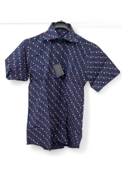 LACİVERT, KIRMIZI ÇİÇEK DESENLİ Pamuk Kısa Kollu M Beden SLİM FİT Erkek GÖMLEĞİ
