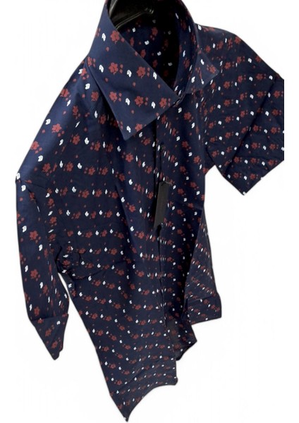 LACİVERT, KIRMIZI ÇİÇEK DESENLİ Pamuk Kısa Kollu M Beden SLİM FİT Erkek GÖMLEĞİ modelleri