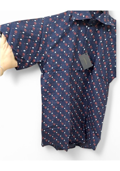 LACİVERT, KIRMIZI ÇİÇEK DESENLİ Pamuk Kısa Kollu M Beden SLİM FİT Erkek GÖMLEĞİ fırsatları