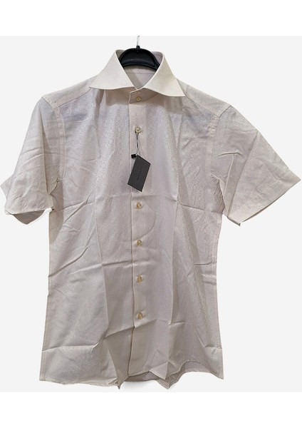 BEJ, KENDİNDEN DESENLİ PAMUK M BEDEN SLİM FİT ERKEK KISA KOLLU GÖMLEK