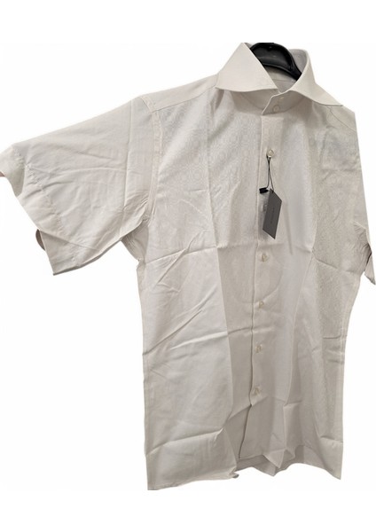 BEJ, KENDİNDEN DESENLİ PAMUK M BEDEN SLİM FİT ERKEK KISA KOLLU GÖMLEK fırsatları