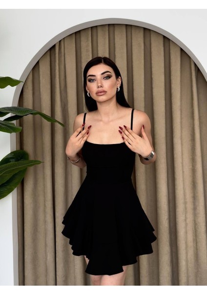 Askılı Volanlı Eteği Belden Açılan Fırfırlı Kadın Mini Elbise