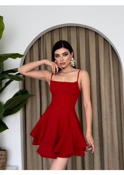 Askılı Volanlı Eteği Belden Açılan Fırfırlı Kadın Mini Elbise fırsatları