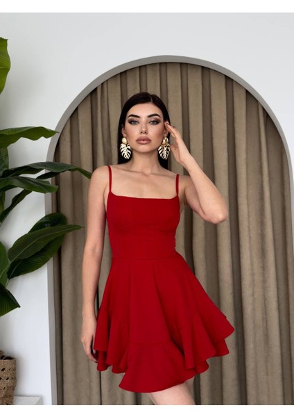 Askılı Volanlı Eteği Belden Açılan Fırfırlı Kadın Mini Elbise indirimleri