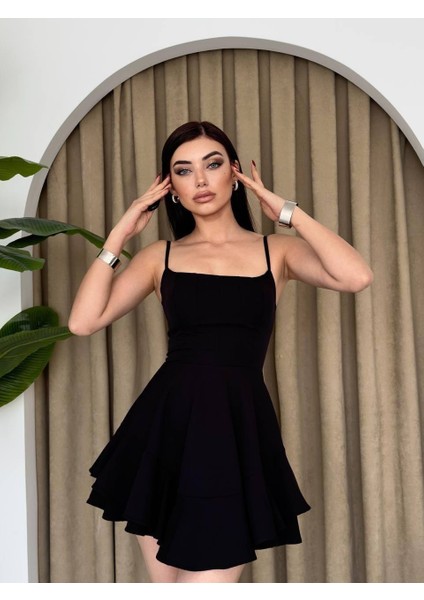 Askılı Volanlı Eteği Belden Açılan Fırfırlı Kadın Mini Elbise
