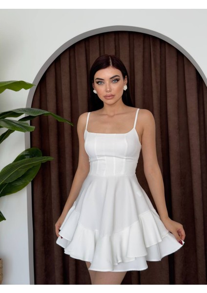 Askılı Volanlı Eteği Belden Açılan Fırfırlı Kadın Mini Elbise fırsatları