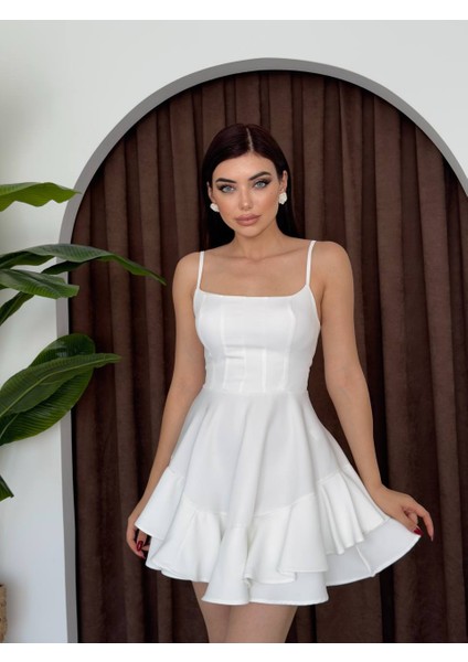 Askılı Volanlı Eteği Belden Açılan Fırfırlı Kadın Mini Elbise indirimleri