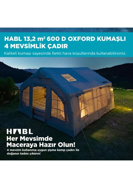 13 Kişilik 13.2m2 Su,rüzgar ve Kar Geçirmez 600D Oxford Kumaşlı 4 Mevsim Şişme Çadır 367*360*220CM