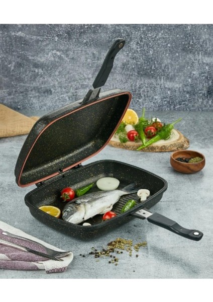 Granit 36 cm Çift Taraflı Grill Balık ve Izgara Tavası Siyah