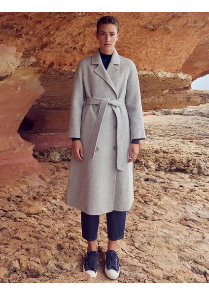KAYRA Premium Yün Reglan Kol Kuşaklı Kaban KA-A23-17030A Gri
