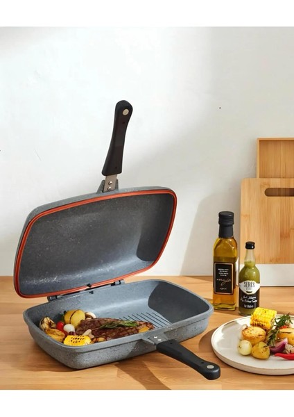 Granit 36 cm Çift Taraflı Grill Balık ve Izgara Tavası Gri modelleri