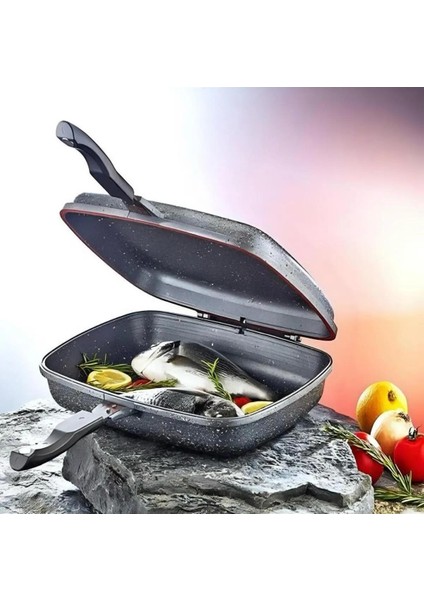 Granit 36 cm Çift Taraflı Grill Balık ve Izgara Tavası Gri fırsatları