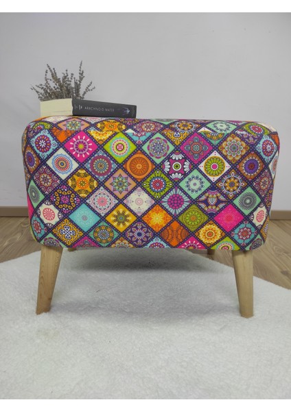 Renkli Ahşap Ayaklı Oval Puf, Kapı Önü Pufu, Ayakucu Pufu ,dijitaldesenpuf,makyaj Pufu