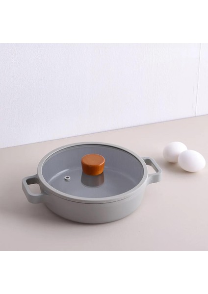 Fika Cam Kapaklı Alüminyum Gri Döküm Sığ Tencere 26 cm D-NEOG226