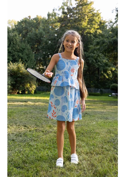 04-12 Yaş Kız Çocuk Mavi Çiçek Desenli Elbise - Mavi