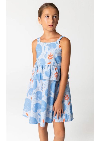 04-12 Yaş Kız Çocuk Mavi Çiçek Desenli Elbise - Mavi fiyatları