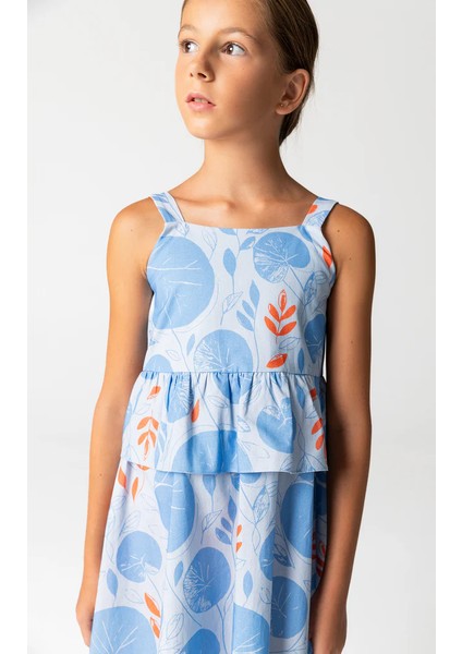 04-12 Yaş Kız Çocuk Mavi Çiçek Desenli Elbise - Mavi modelleri