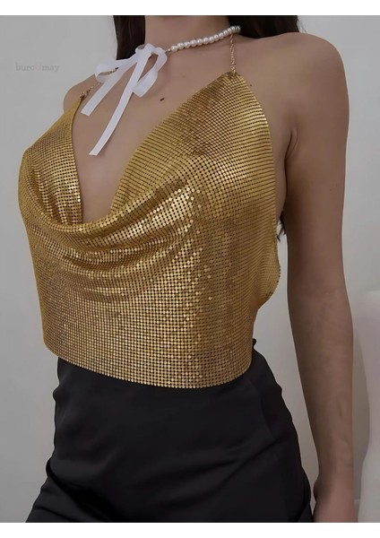 Kadın Gold Parlak Taşlı Payetli Mini Crop Kayık Yaka Zincirli Bluz Zırh Büstiyer fiyatları
