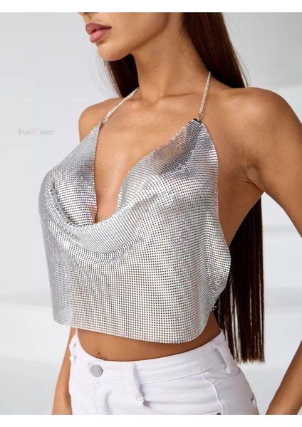 Kadın Gri Gümüş Parlak Taşlı Payetli Mini Crop Kayık Yaka Zincirli Bluz Zırh Büstiyer fiyatları