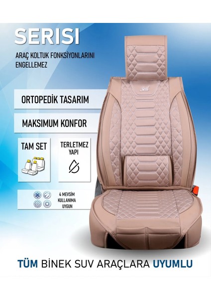 Isuzu D-Max Yeni Uyumlu Yarı Deri Oto Koltuk Kılıfı Tam 5li Set Mars Bej Renk