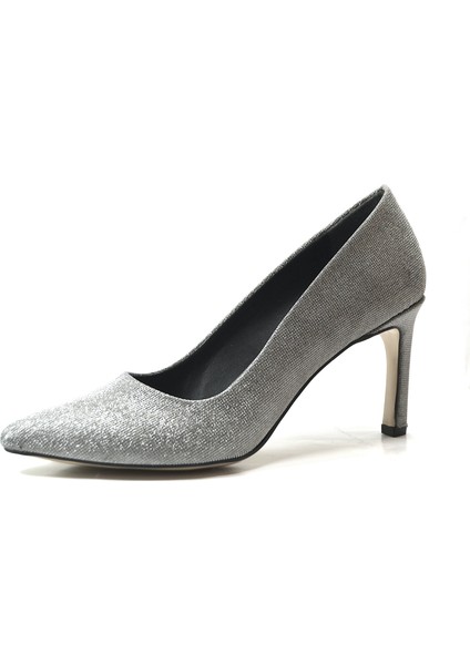 4.99-1 Platin & Siyah Simli Abiye Kadın Stiletto Ayakkabı