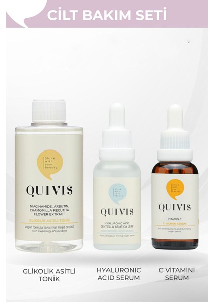 Canlandırıcı & Cilt Tonu Dengeleyici & Nemlendirici Cilt Bakım Seti | Glikolik Tonik, Hyaluronik Asit & C Vitamini Serum