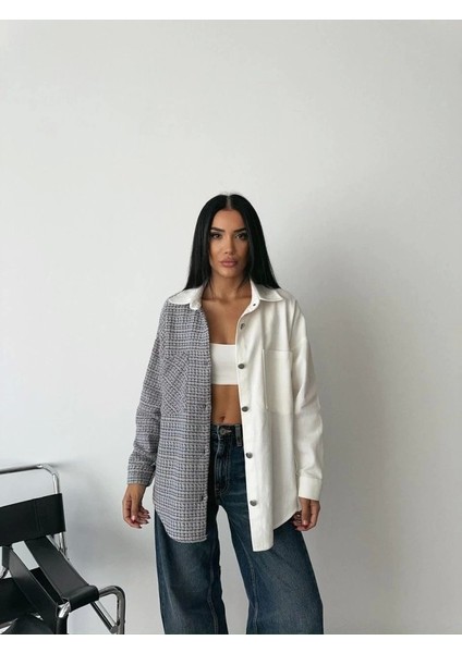 Chanel Parçalı Gömlek - Mavi-Ekru