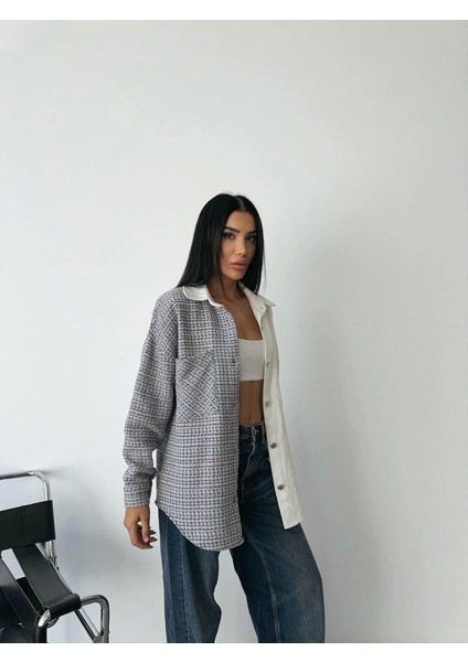 Chanel Parçalı Gömlek - Mavi-Ekru