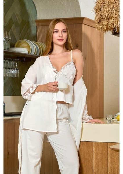 25546 Kadın Krem Sabahlıklı % 100 Pamuk 3'lü Pijama Takımı